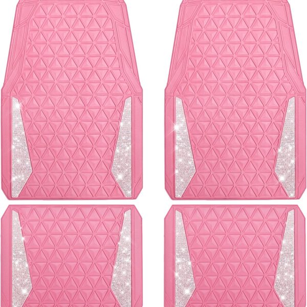 Car Mats Diamond Rubber Floor Mats Full Set Anti-Slip 3D Rhombus Waterproof Trim to Fit Liner Universal Glitter Crystal Sparkly Shining Rhinestone Girl Women SUV Sedan Van, Pink Rubber