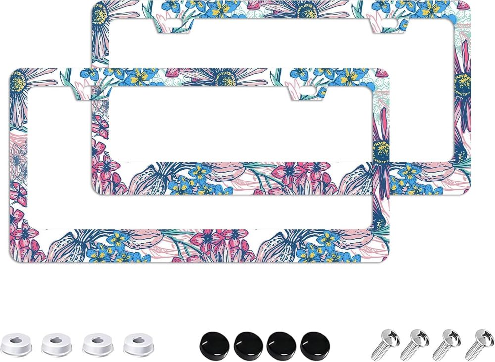 Wildflowers License Plate Frames - 2 Pack 2 Holes Stainless Steel Metal Auto Car Accessories Decoration License Plate Frame Cover 12.2" x 6.3" for Women Men