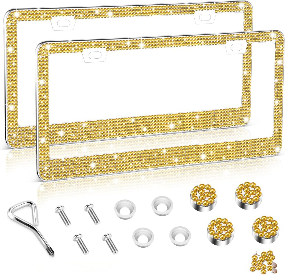 License Plate Frame for Women, 2Pack Rhinestone Handcrafted Crystal Premium Stainless Steel, Stainless Steel Car Decorative Accessories with Diamond Sparkle Glitter Caps (Gold)