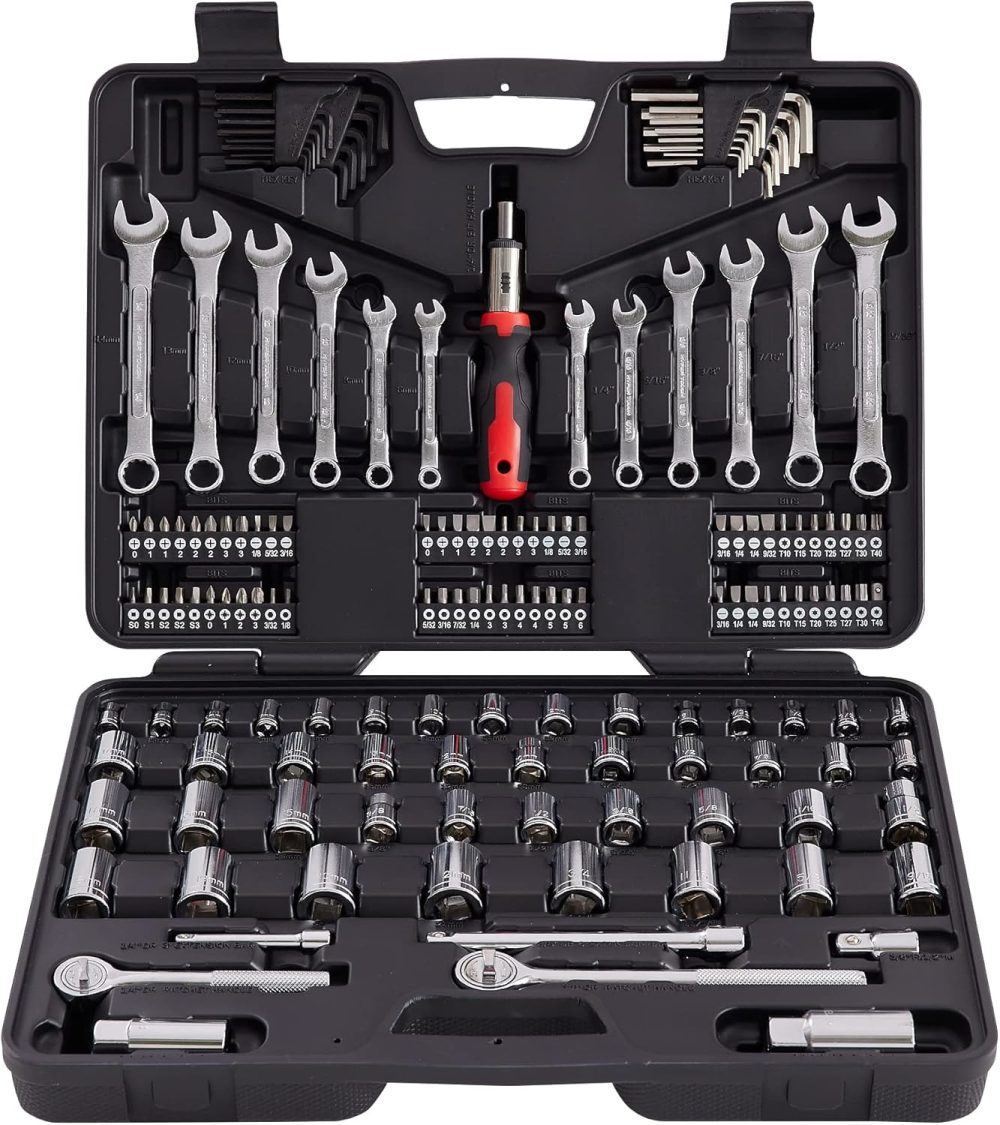 161 Piece Mechanic Tool Set, 1/2", 3/8" &1/4" Drive Metric & Standard Socket Wrench Kit for Home, Car, Mechanics, Automotive Repair and as A Gift