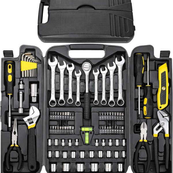 95 Piece Tool Set, Tool Kit, Mechanics Tool Set, Portable Toolbox with Adjustable Wrench Pliers Socket Bits, with Plastic Toolbox Storage Case, for House Apartment Garage (Yellow)