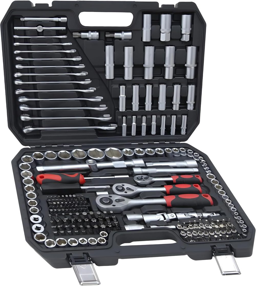 Professional 216pcs Socket Ratchet Wrench Set, 1/4 & 3/8 Inch Drive, Standard Full Mechanic Tool Set for Auto & Motorcycle Repair with Ratchet Handle, Extension Bar, Universal Joint & Reducer