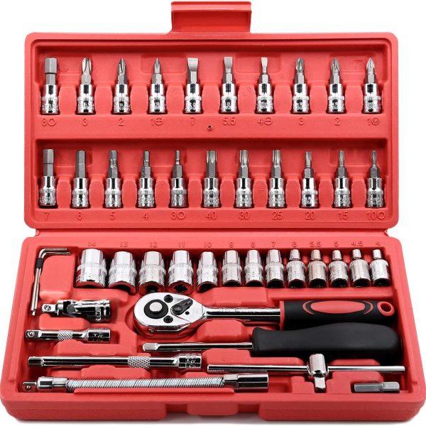 46 Pieces 1/4 inch Drive Socket Ratchet Wrench Set, with Bit Socket Set Metric and Extension Bar for Auto Repairing and Household, with Storage Case