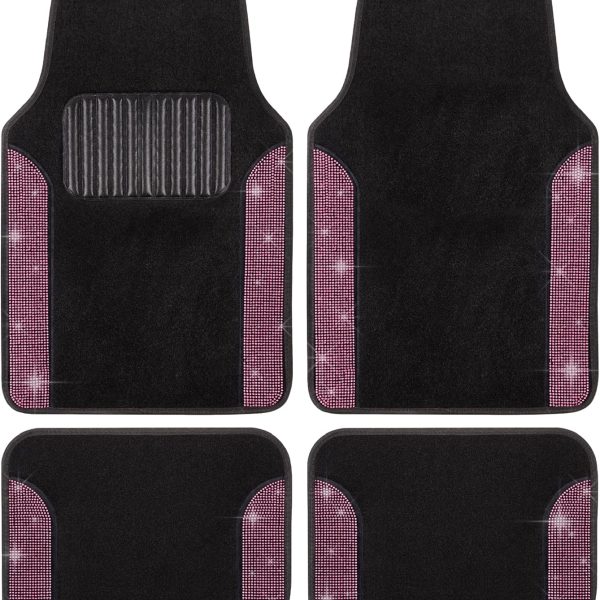 Diamond Car Mats 4-Piece Set, Shiny Rhinestone Crystal Carpet Car Floor Mats, Two-Tone Floor Mats for Cars, Cute Automotive Floor Mats for Women (Pink)
