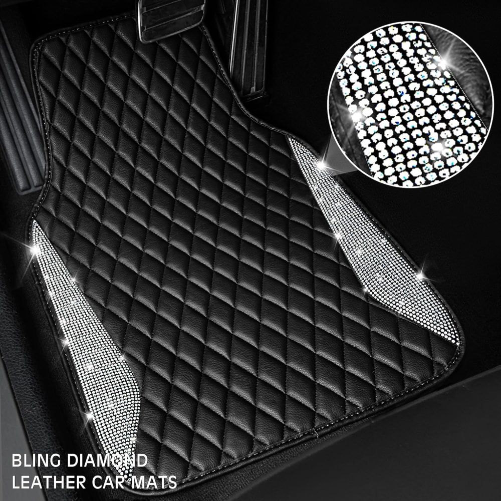 Leather Car Mats Shining Diamond Floor Mats Crystal Rhinestone Sparkly Glitter Carpet Anti-Slip Waterproof Pad Universal Fit Automotive SUV, Sedan, Van, 5pcs Girl Women, Black Silver - Image 2