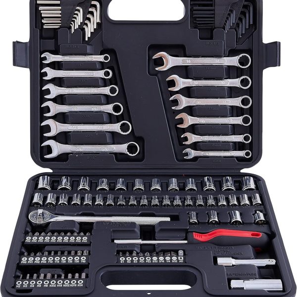121 Piece Mechanic Tool Set, 1/4 & 3/8 Inch Drive Metric & Standard Socket Wrench Kit, for General, Home, Car, Mechanics, Automotive Repair Tool Kit and as A Gift